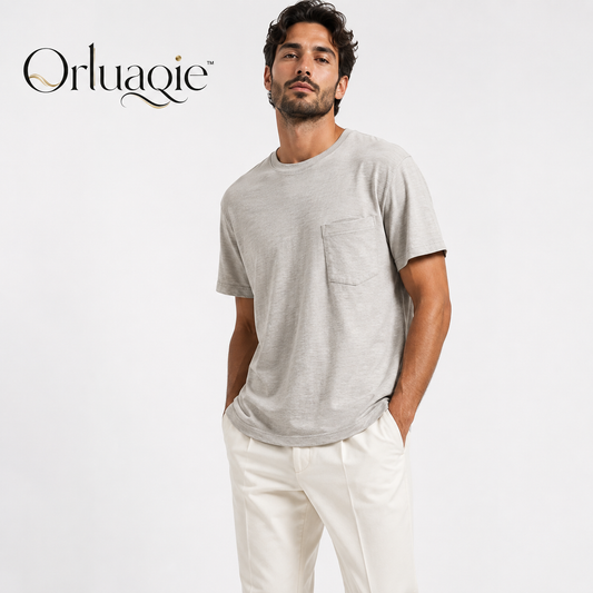 Orluaqie™ Men's Slub Cotton Relaxed Pocket T-Shirt – Textured Crew Neck Casual Tee