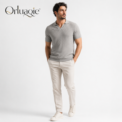 Orluaqie™ Men's Ribbed Open-Collar Knit Polo – Short Sleeve Textured Casual Shirt
