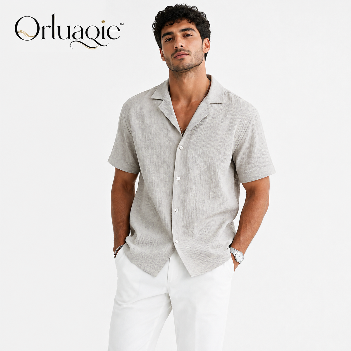 Orluaqie™ Men's Textured Camp Collar Shirt – Short Sleeve Utility Casual Button-Up