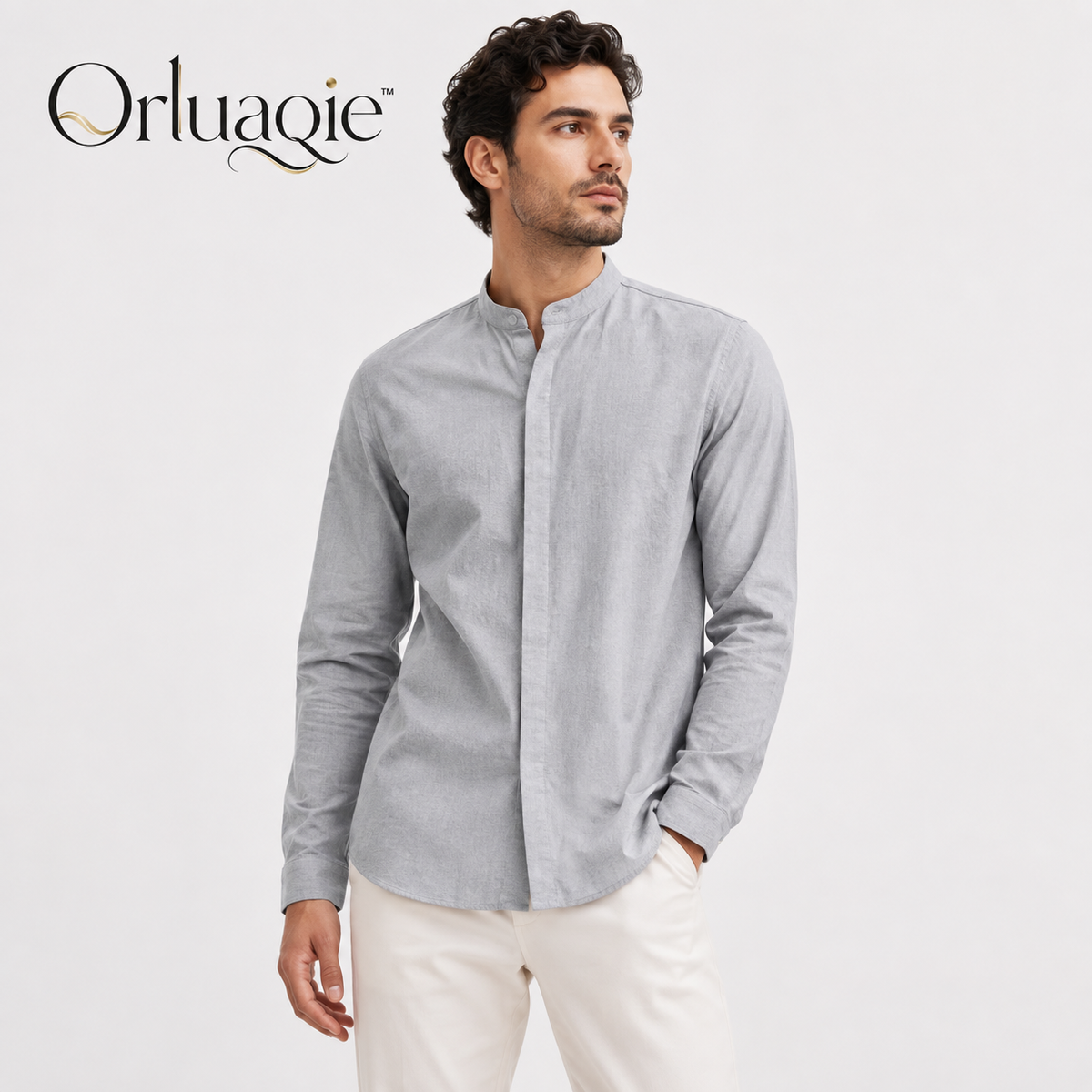Orluaqie™ Men's Band Collar Cotton-Blend Shirt – Long Sleeve Minimal Casual Button-Up